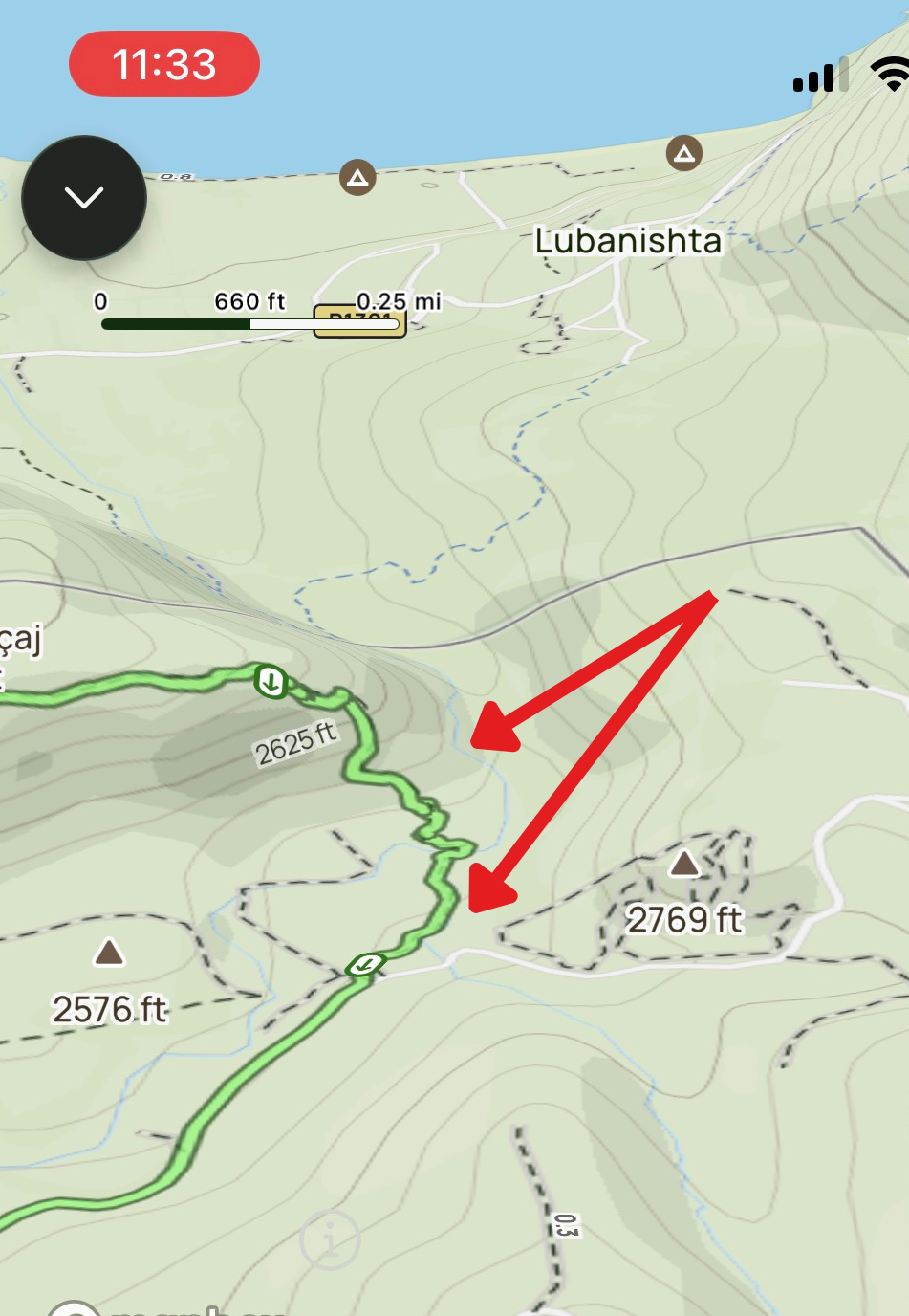 Map showing the decline to the stream and the route taken to reach Gurras village